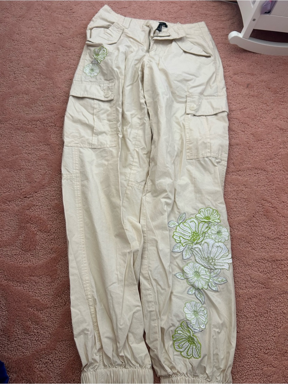 Forever 21 Cream Utility Joggers with Button & Zip Detail